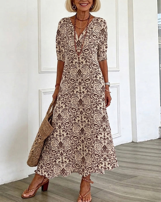 Klänning Vintage Blommönster V-Hals Maxi