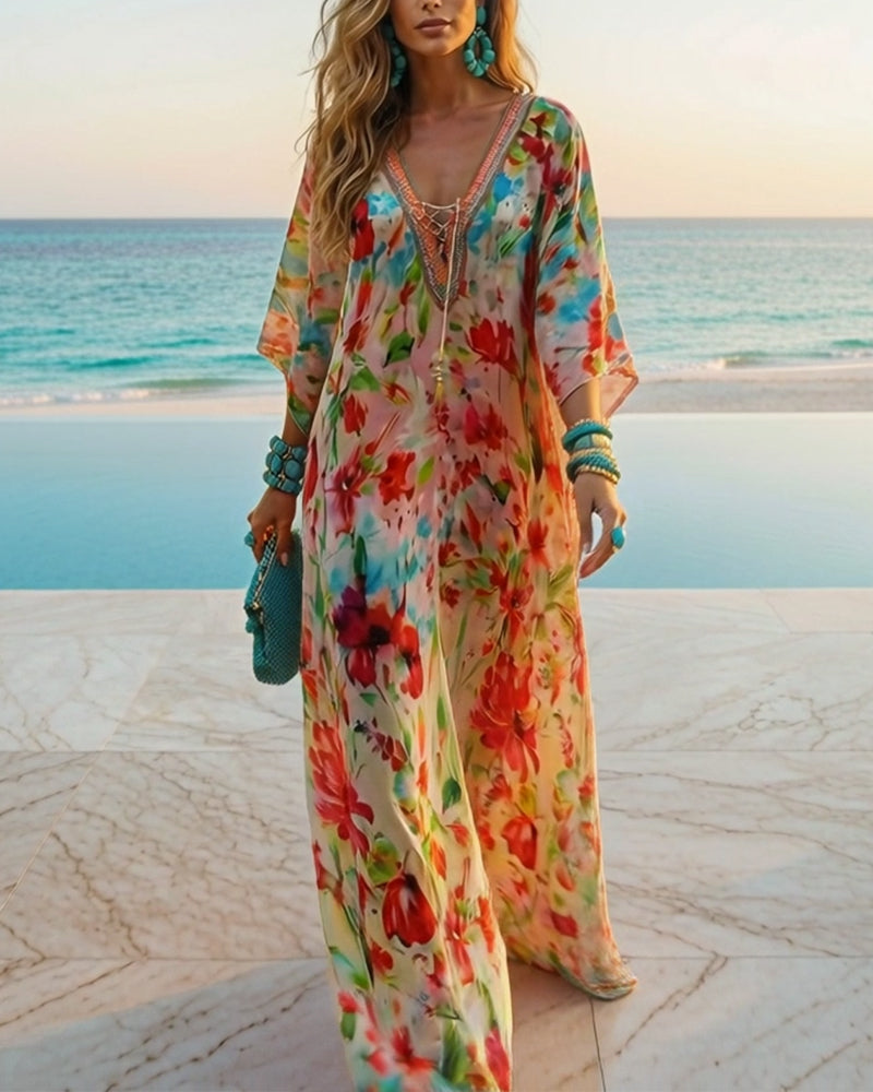Klänning Färgglad Blommigt Tryck Lång Blus