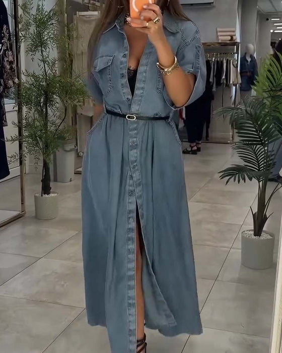 Klänning Skjorta Krage Ficka Knapp Denim