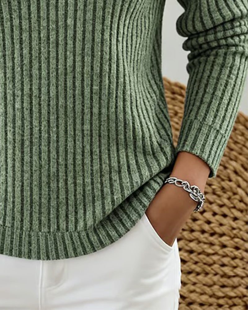 Blus Ribbstickning Droppande Halsringning Långärmad