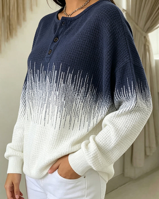 Sweatshirt Rundhalsad Knapp Våffelstickad Färgblock
