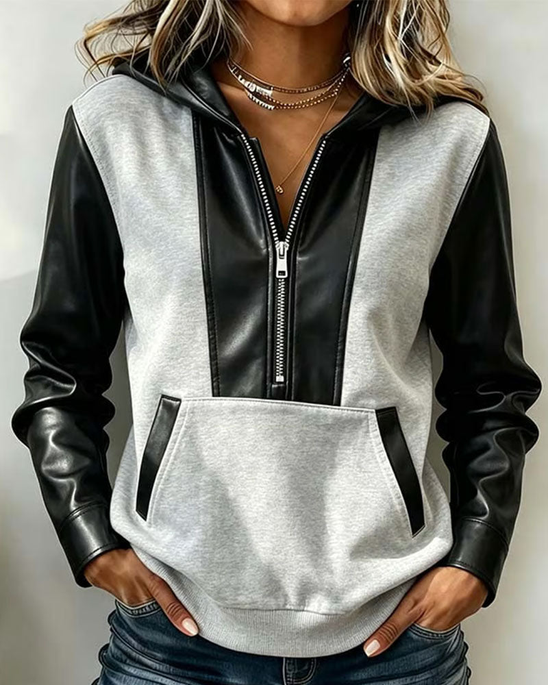 Hoodie Dragkedja Ficka Patchwork