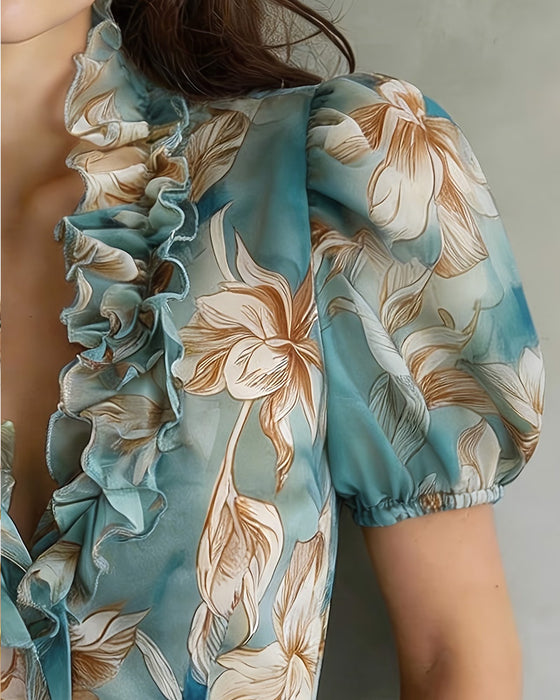 Bluse Med Krås Blommig Puffärm