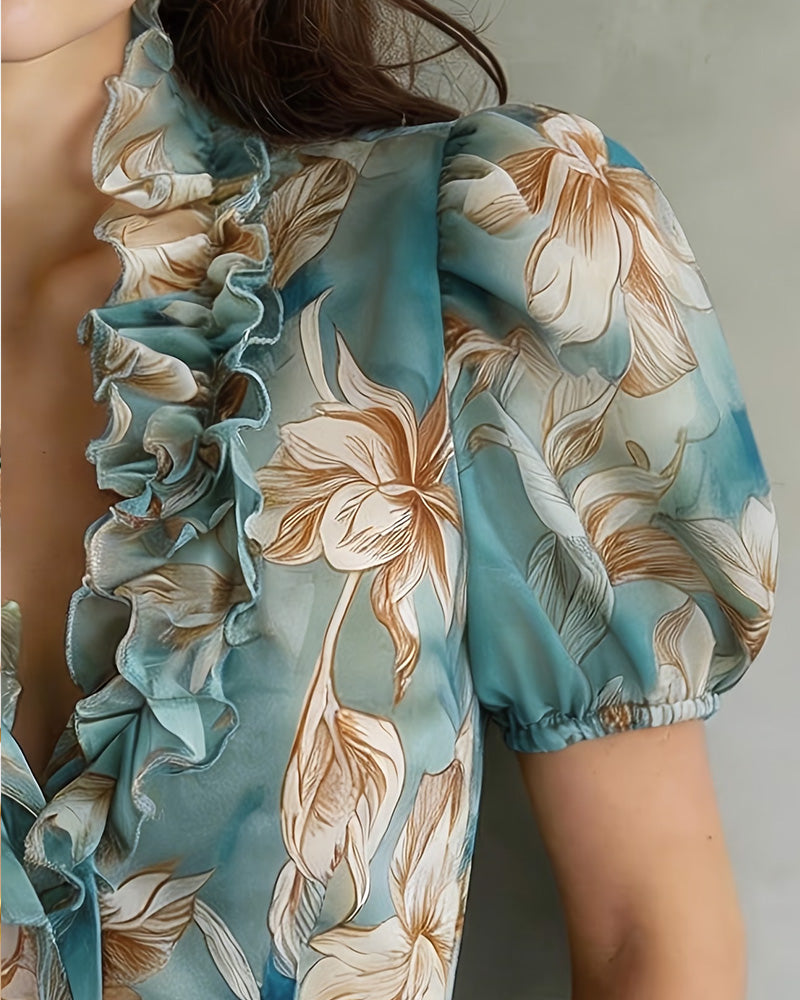 Bluse Med Krås Blommig Puffärm