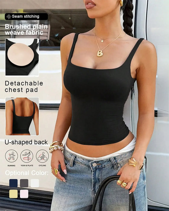 Tank Top Solid Färg Fyrkantig Hals Inbyggd Bh