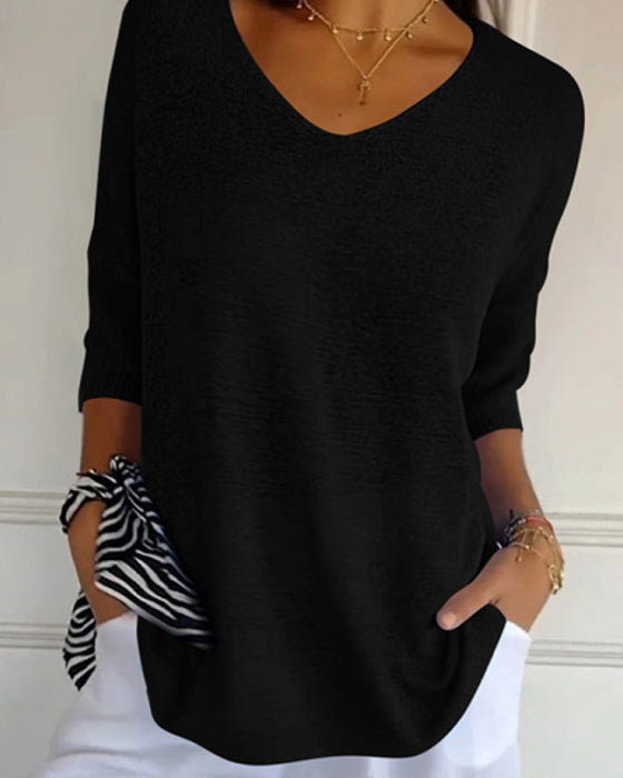 💖 Enfärgad Stickad Topp Med V-Ringning