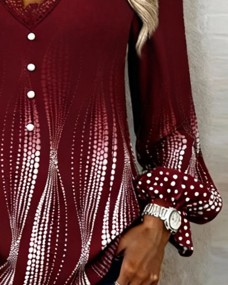 Blus Puckad Ärm V-hals Tryck