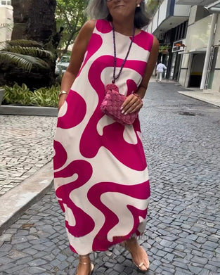 Rund Halslinje Ärmlös Klänning Med Geometrisk Tryck