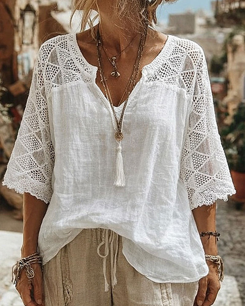 Blus Enfärgad Panelad V-Ringad