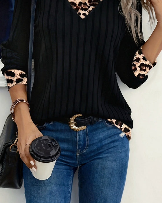 Topp Lång Ärm V-Hals Leopard Patchwork