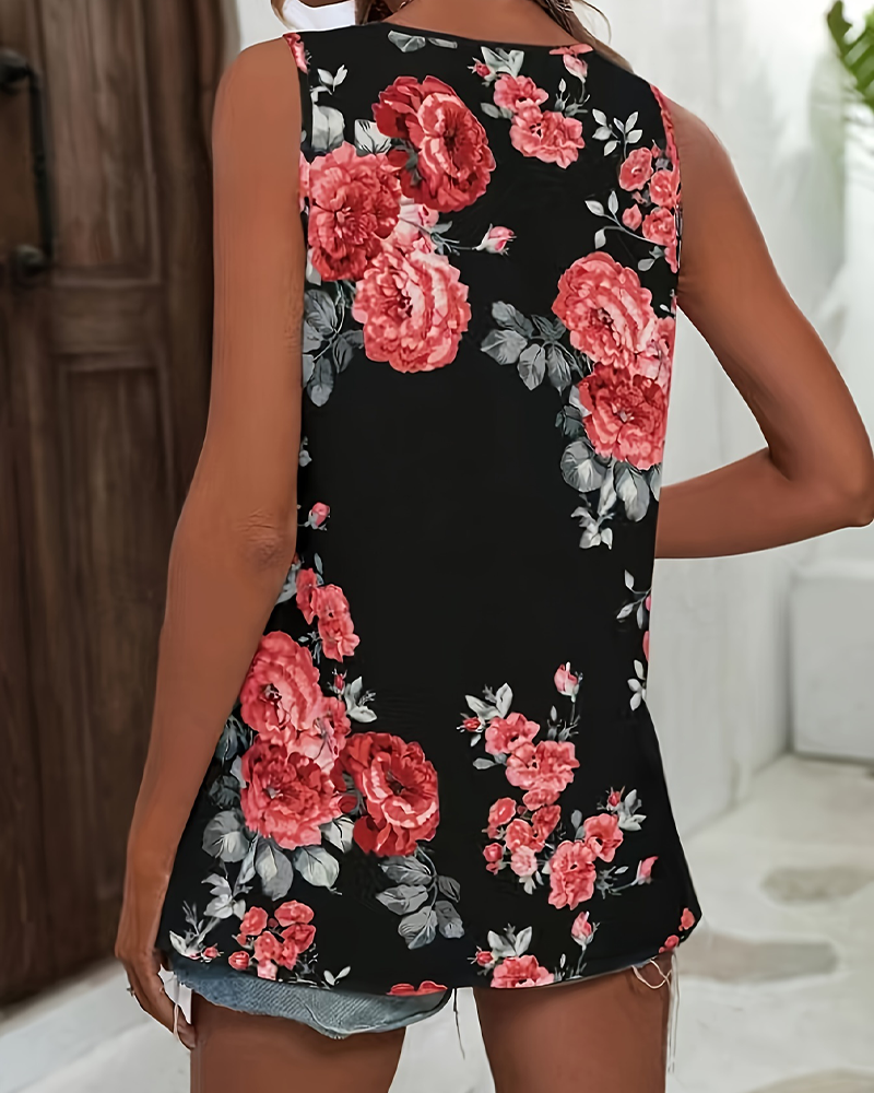 Blusar Med Rosentryck, V-Ringning Och Ärmlös