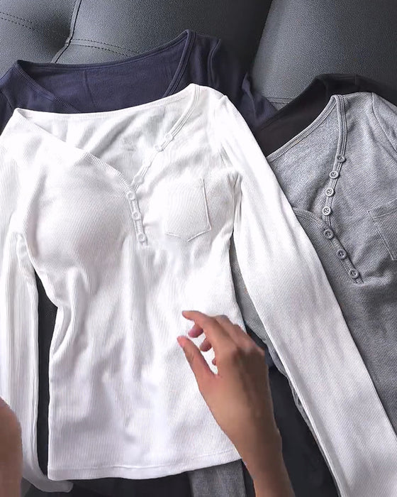Topp Ribbad Henley Ficka Långärmad