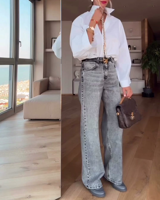 Skjorta Lapel Enfärgad Casual