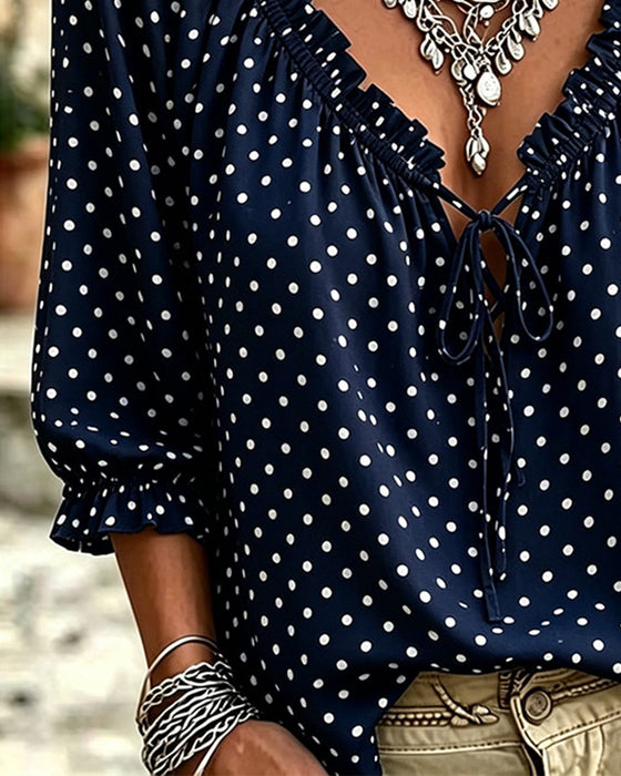 Blus V-Hals Ruffle Polka Dot Knytning