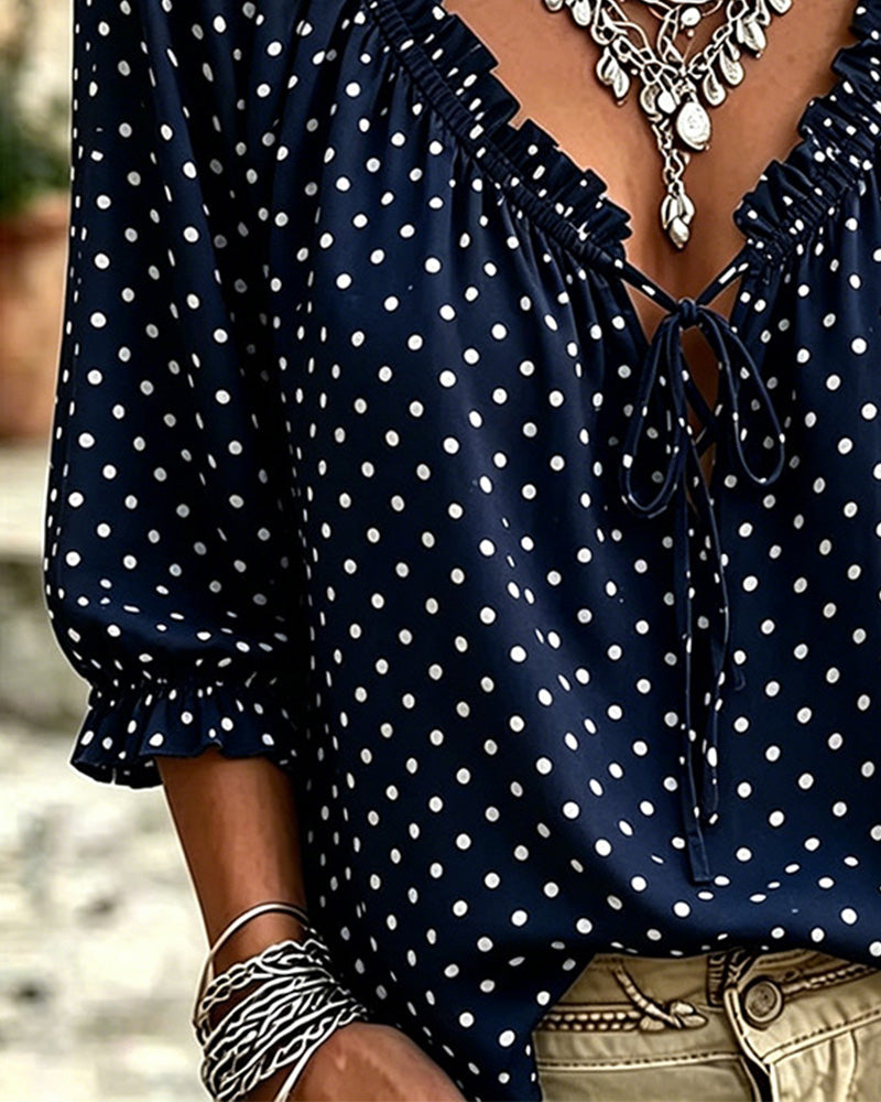 Blus V-Hals Ruffle Polka Dot Knytning