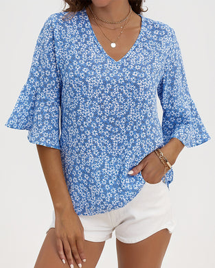 Blus V-Hals Floral Fjäril Ärm