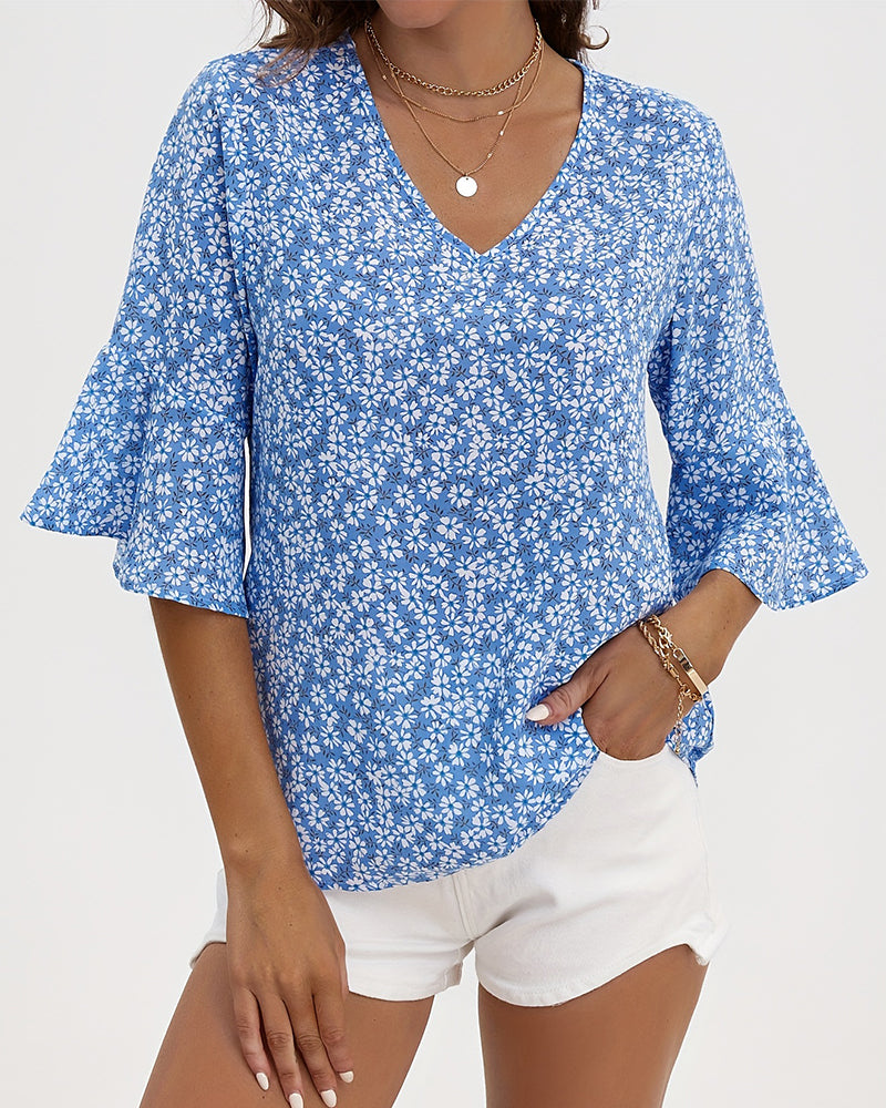 Blus V-Hals Floral Fjäril Ärm