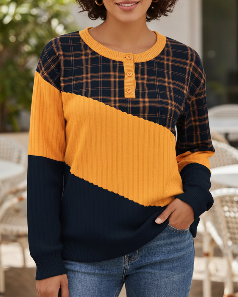 Hoodie Med Rundhals Design, Rutsmönster, Färgblock Detalj Och Långärmad Stil