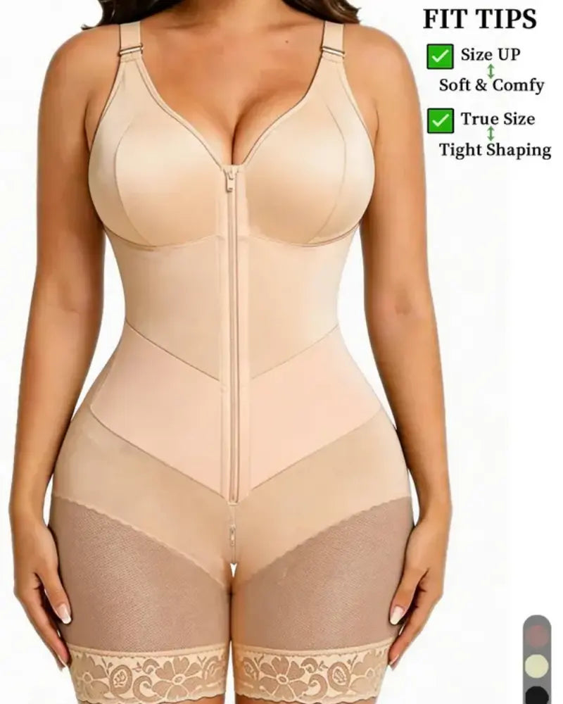 Dam Dragkedja Spets Magkontroll Shapewear Bodysuit