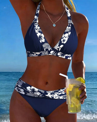 Bikini Djup V Blå Vit Tryck Triangel
