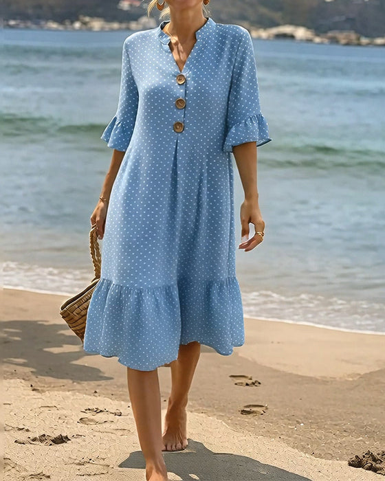 Klänning Polka Dot V-Hals Rynkad Ärm