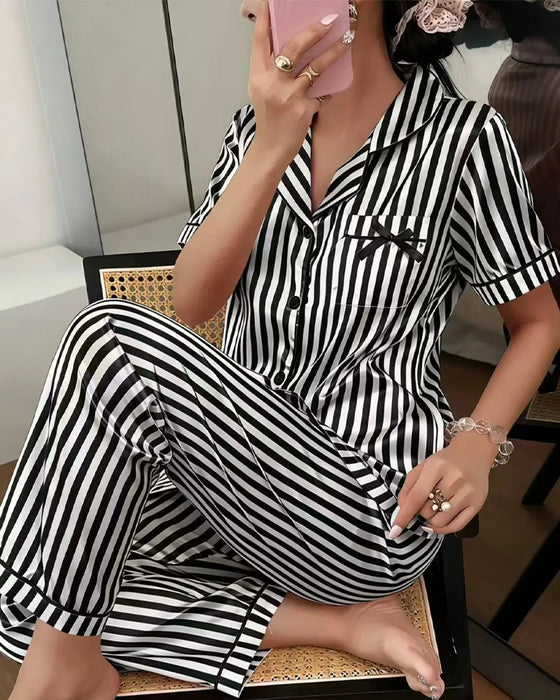 Pyjamasset Randig Skjortkrage Rosett