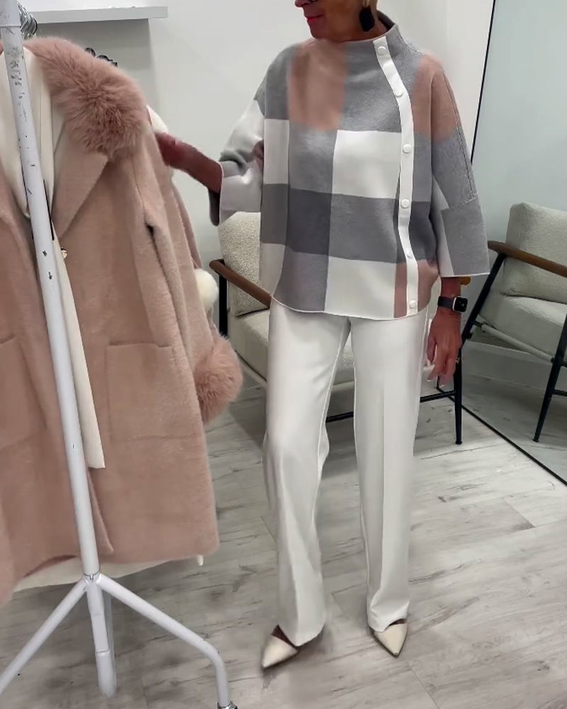 Rutig Tröja Med Långa Ärmar Och Rullekrage