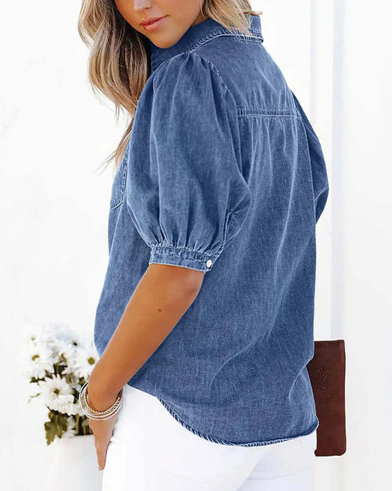 Skjorta Tryckknapp Denim Lykta Ärm Lös