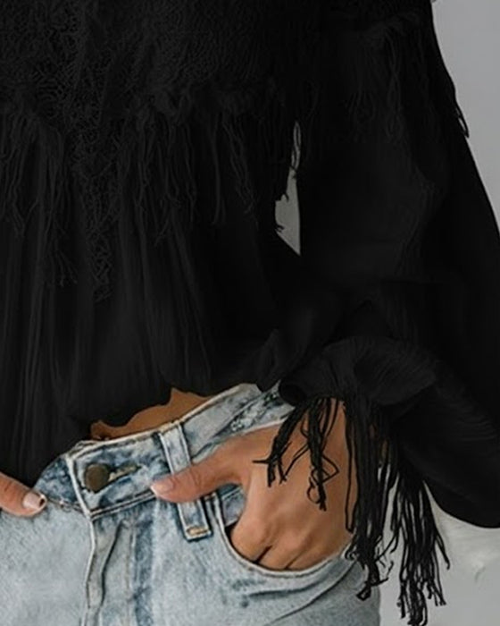 Off-Shoulder Linne Med Spets Och Tofsar