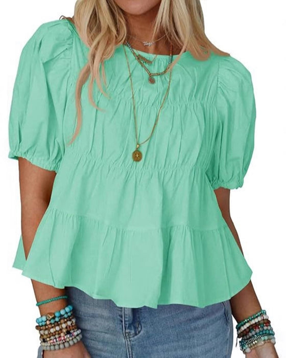 Blus Puffärm Loose-Fit Rynkad