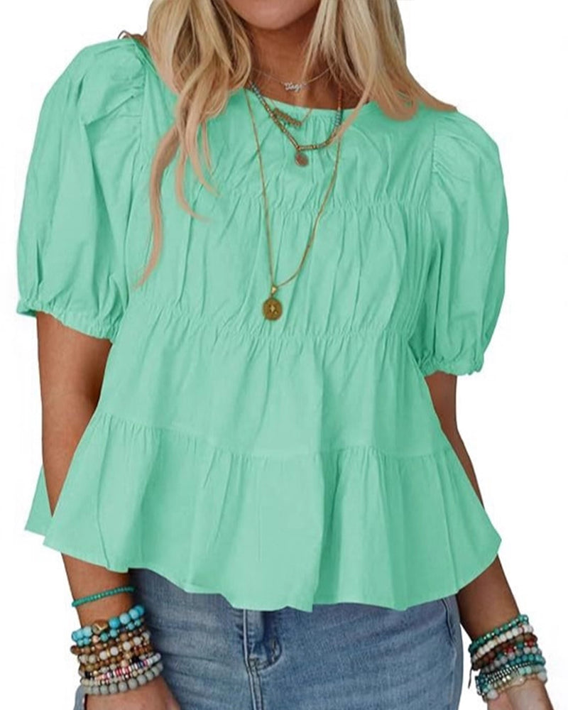 Blus Puffärm Loose-Fit Rynkad