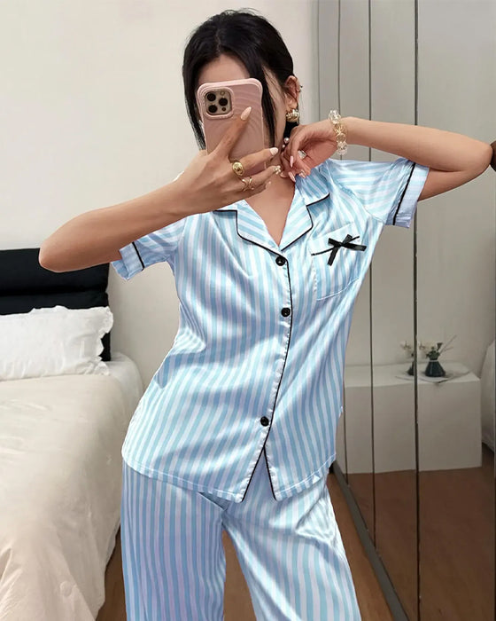 Pyjamasset Randig Skjortkrage Rosett