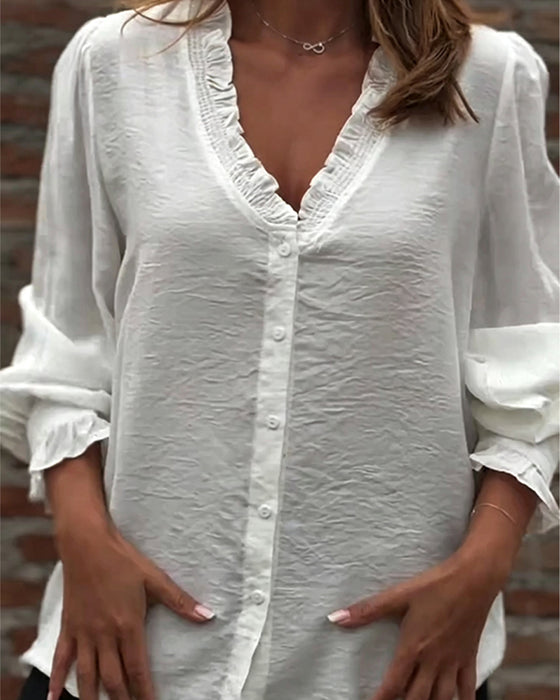 Blus V-Hals Knapp Fram Ruffle Puffärm
