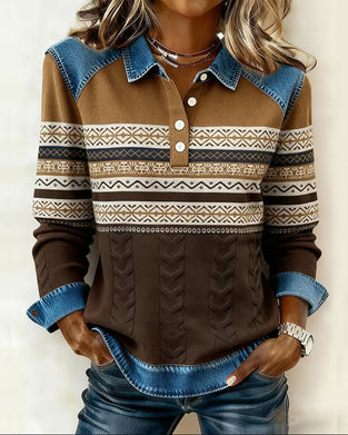 Sweatshirt Med Knappskjorta-Krage Och Färgblockning