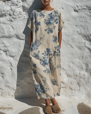 Klänning Rund Hals Vintage Blå Floral