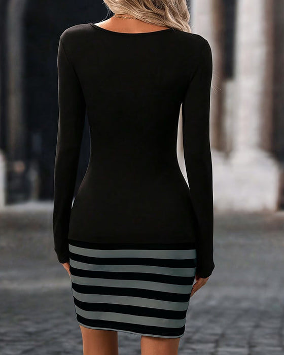 Klänning Lång Ärm Patchwork Rand Bodycon