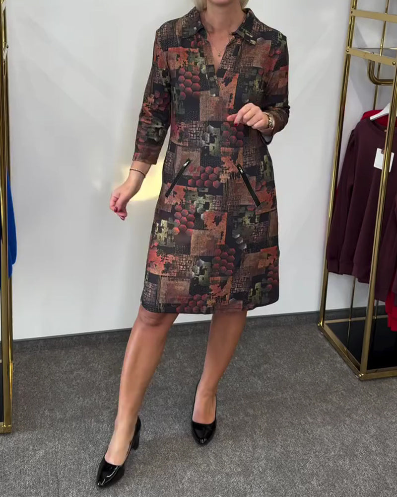 Klänning Krage Vintage Tryck Kortärmad