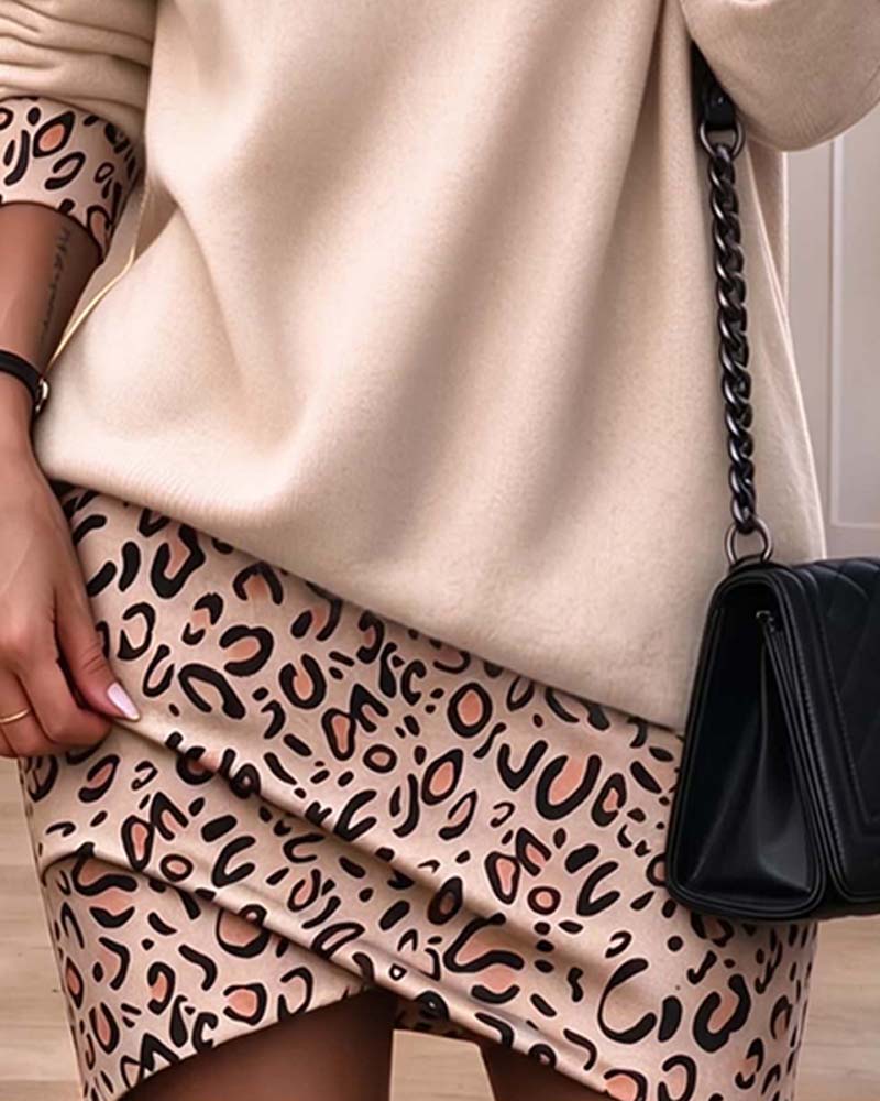 Klänning Hög Krage Leopard Tryck Slim