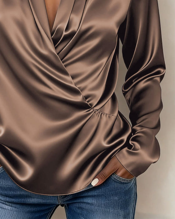Blus V-Hals Omlott Draperad Långärmad
