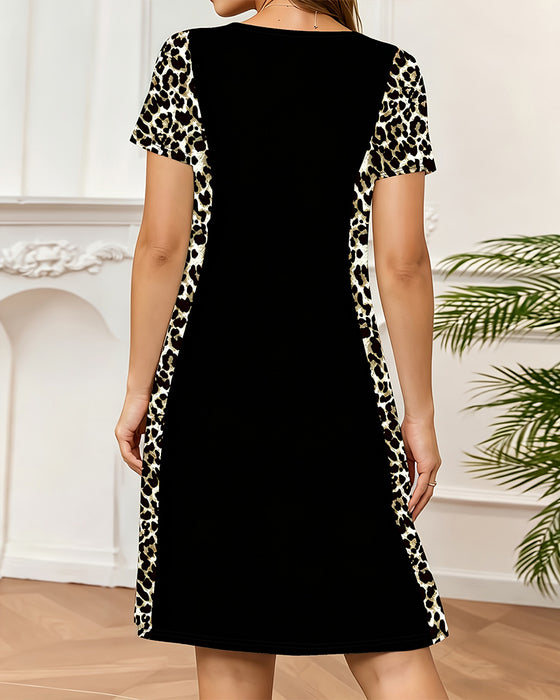 Klädning Rundhalsad Leopard Färgblock