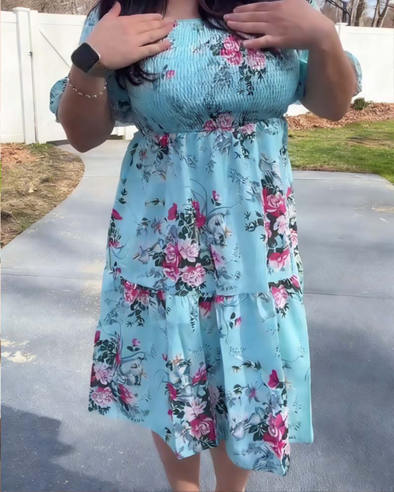 Klänning Blommig Fyrkantig Hals Smockad