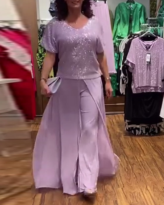 V-ringad kortärmad blus med lös paljett