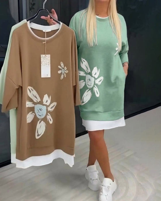 Sweatshirtklänning Rund Hals Tryckt Lappverk