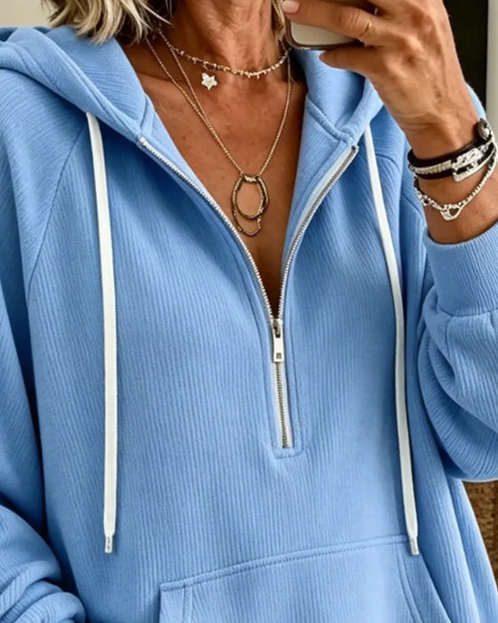 Hoodie Halv Dragkedja Långärmad Ficka