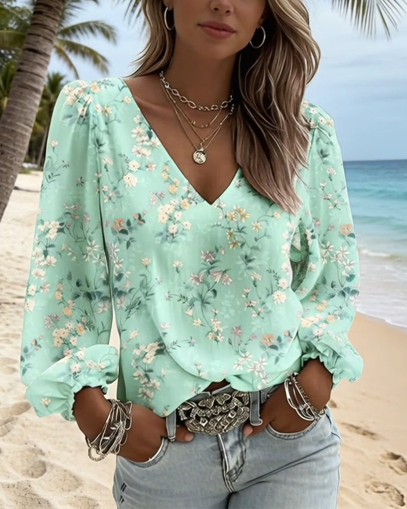 Blus Blommig V-Ringad Puffärm