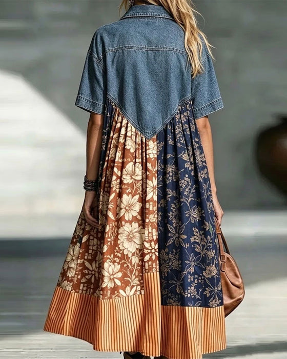 Klänning Skjortkrage Blommig Kontrast Denim Lappverk