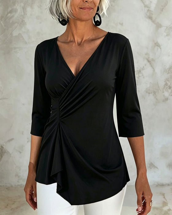 Blus V-Hals Draperad Oregelbunden