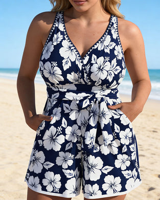 Ett-Delad Hibiskus V-Hals Kort