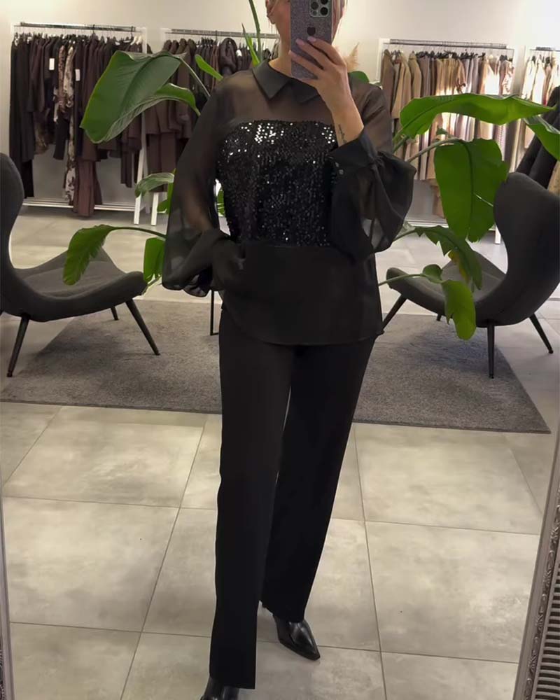 Blus Enfärgad Puffärm Krage