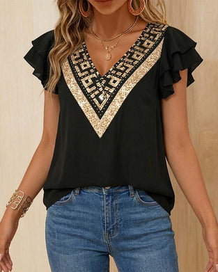 Blus Lotusbladstryck V-Ringad Kontrast